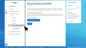 A student account in Common App. The My colleges tab is open with Aberystwyth University's application menu open. The cursor is clicking Recommenders and FERPA